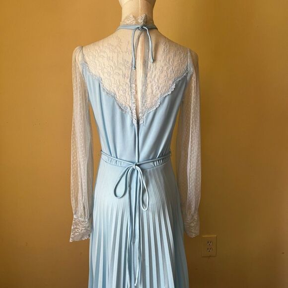 Vintage 70s Blue Lace Long Sleeve Nightgown Hostess Dress Victorian Small - Picture 6 of 12